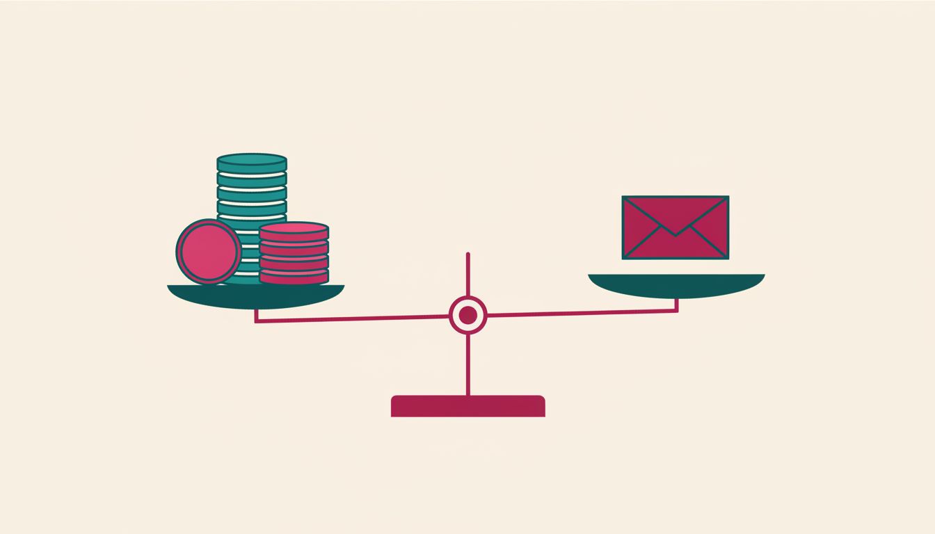 Une balance entre une pile de pièces et une enveloppe
